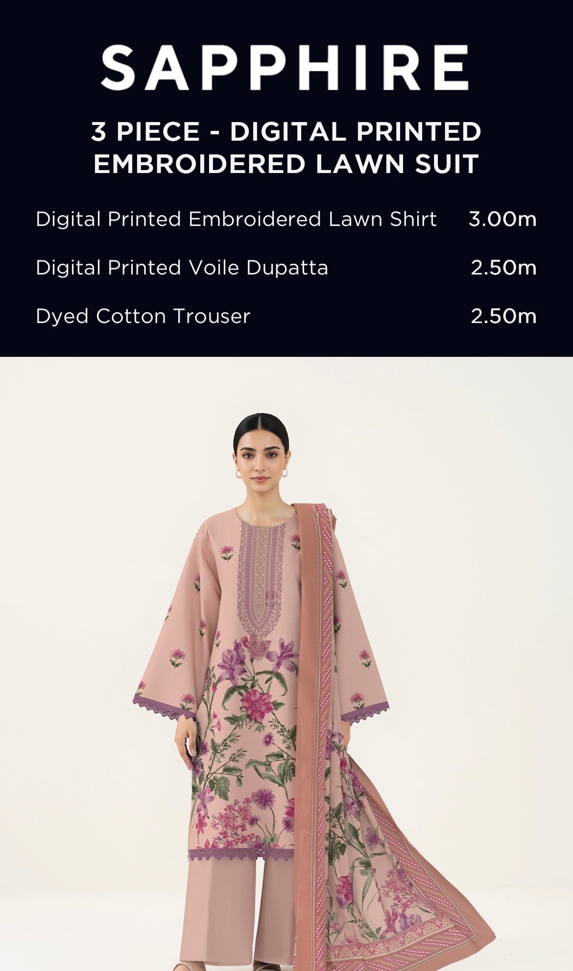 Sapphire Embroidered Lawn Unstitched 3 Piece