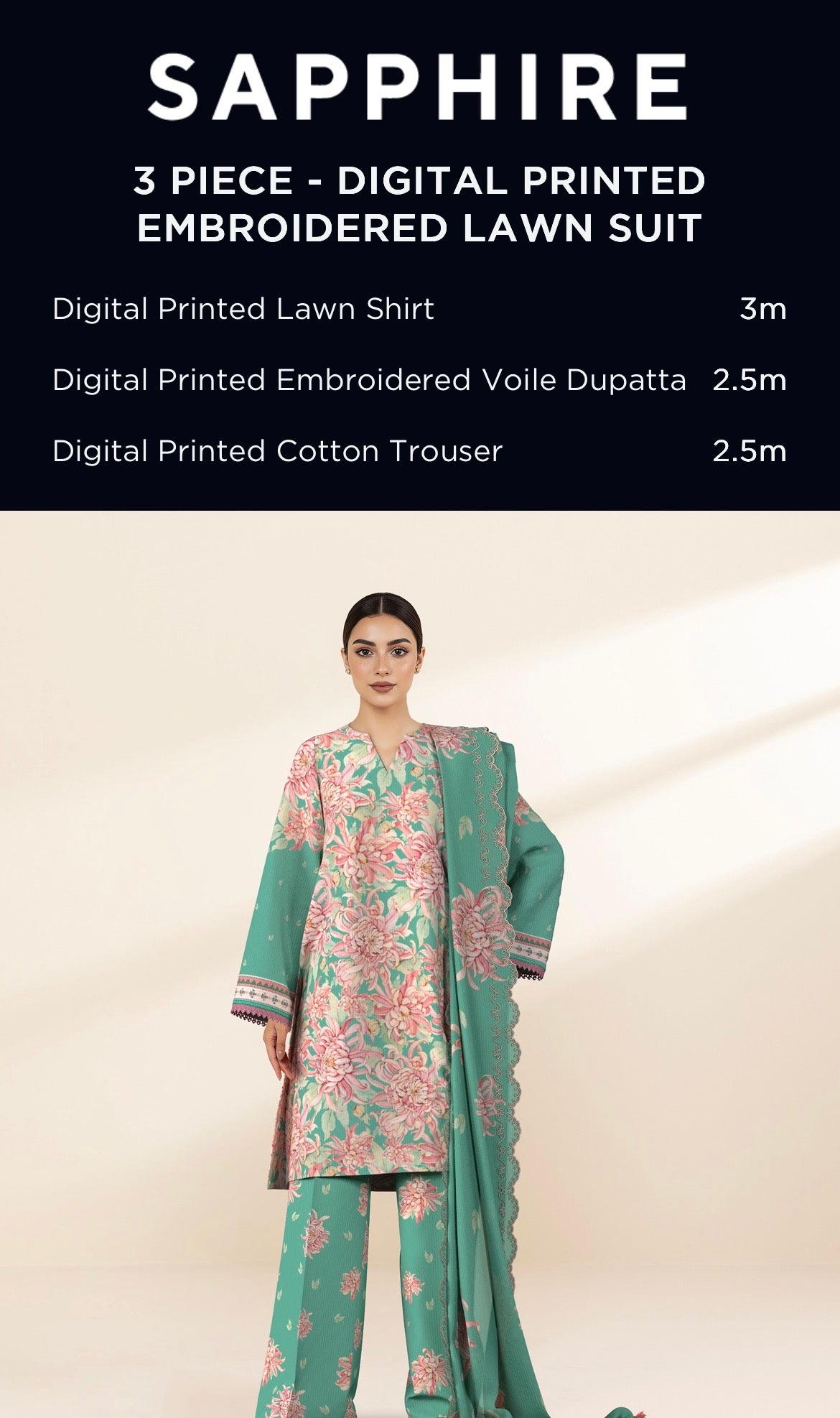 Sapphire Embroidered Lawn Unstitched 3 Piece