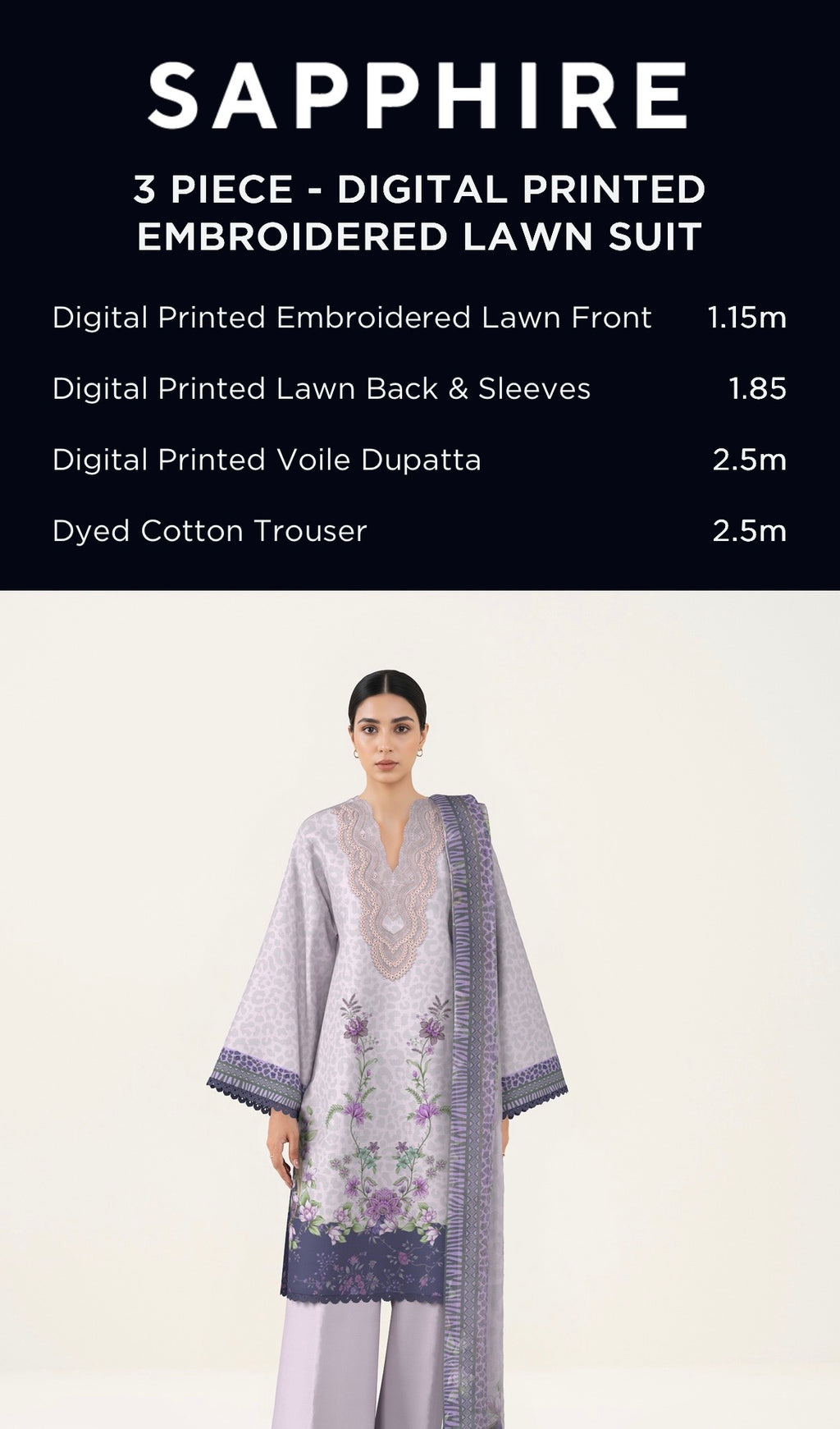 Sapphire Embroidered Lawn Unstitched 3 Piece