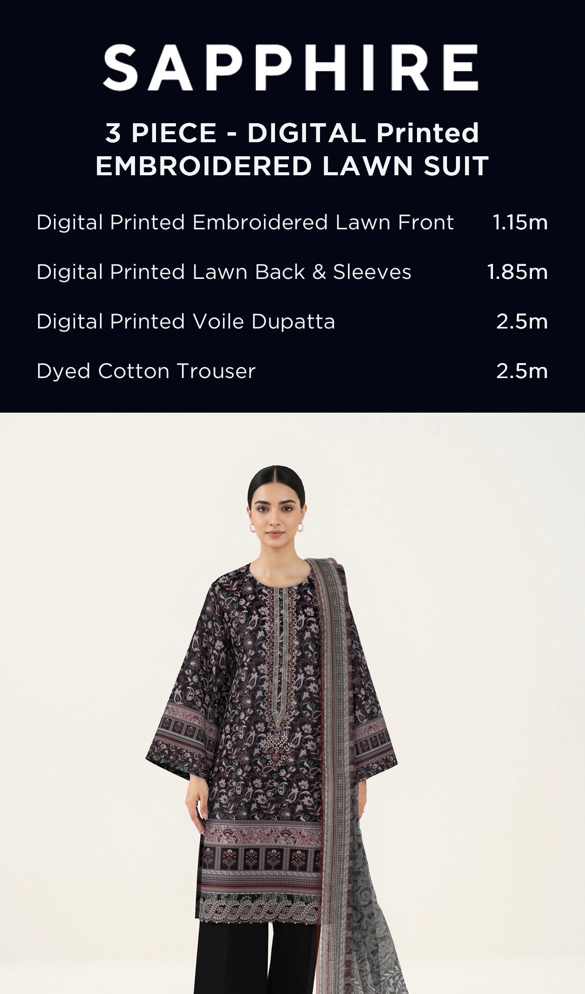 Sapphire Embroidered Lawn Unstitched 3 Piece