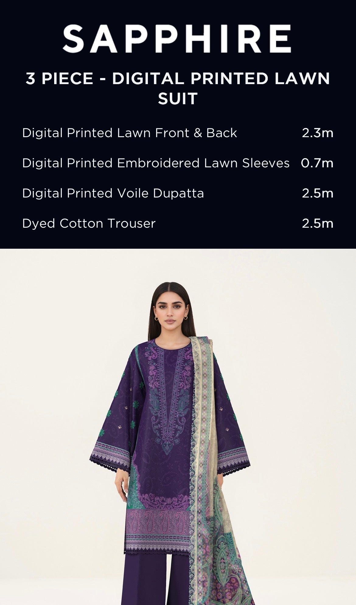 Sapphire Embroidered Lawn Unstitched 3 Piece