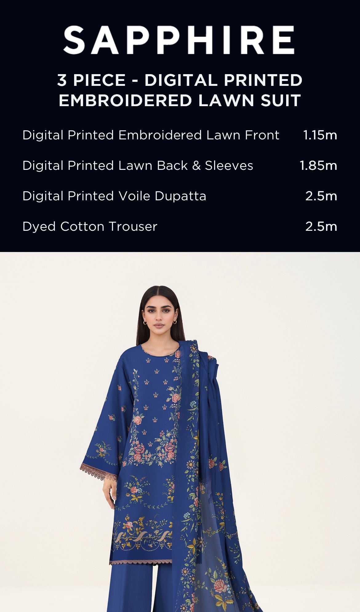Sapphire Embroidered Lawn Unstitched 3 Piece