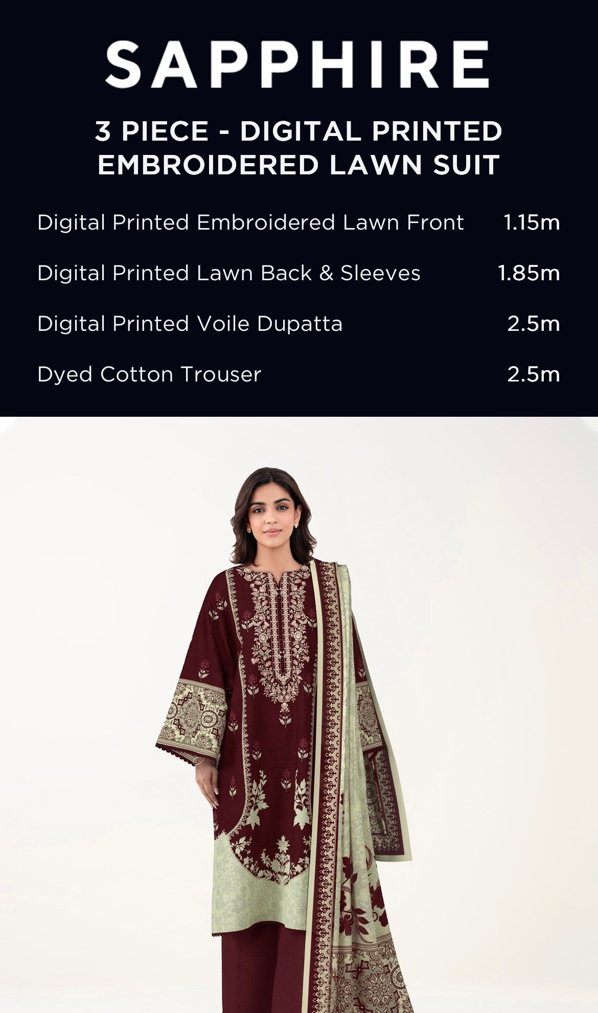 Sapphire Embroidered Lawn Unstitched 3 Piece