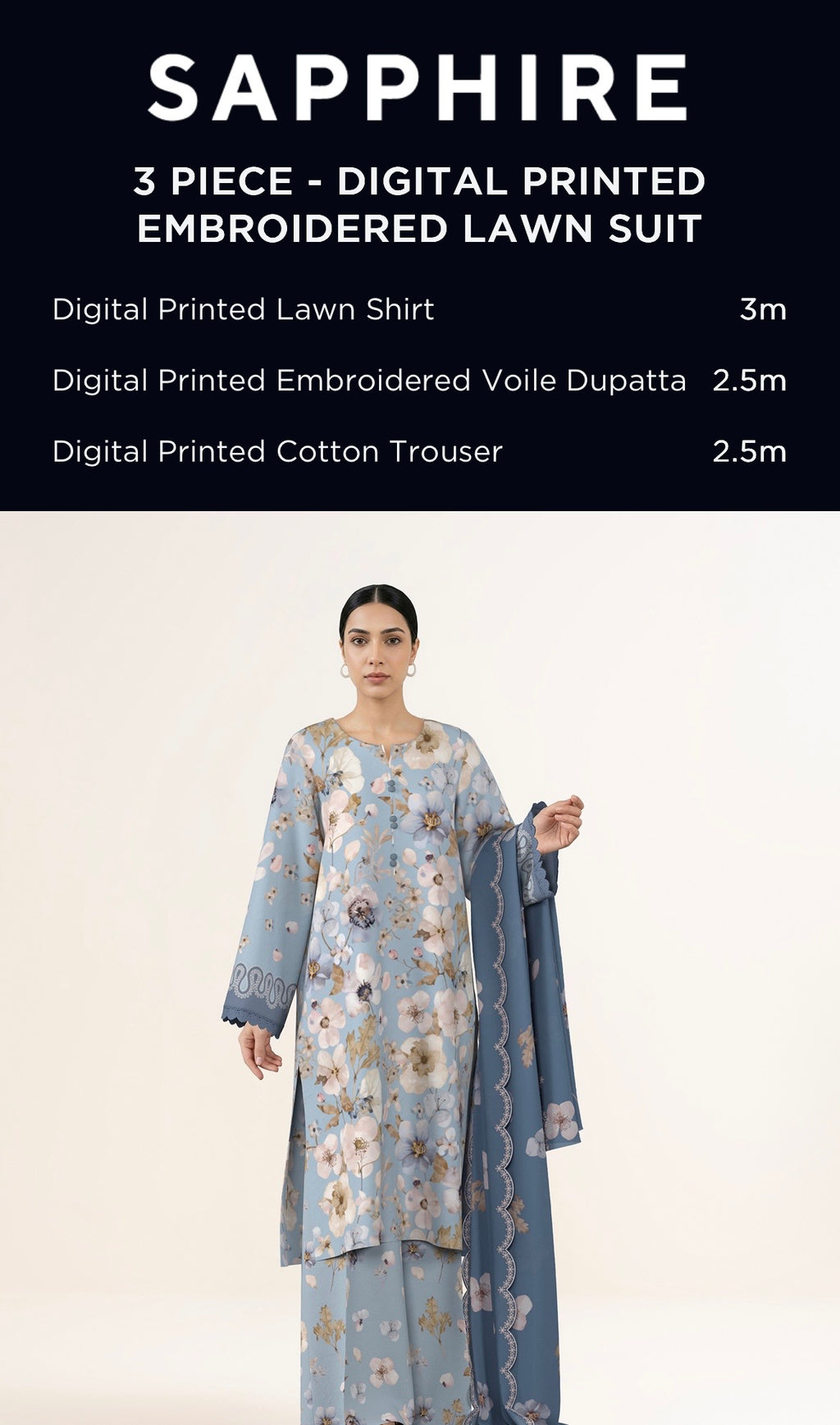 Sapphire Embroidered Lawn Unstitched 3 Piece