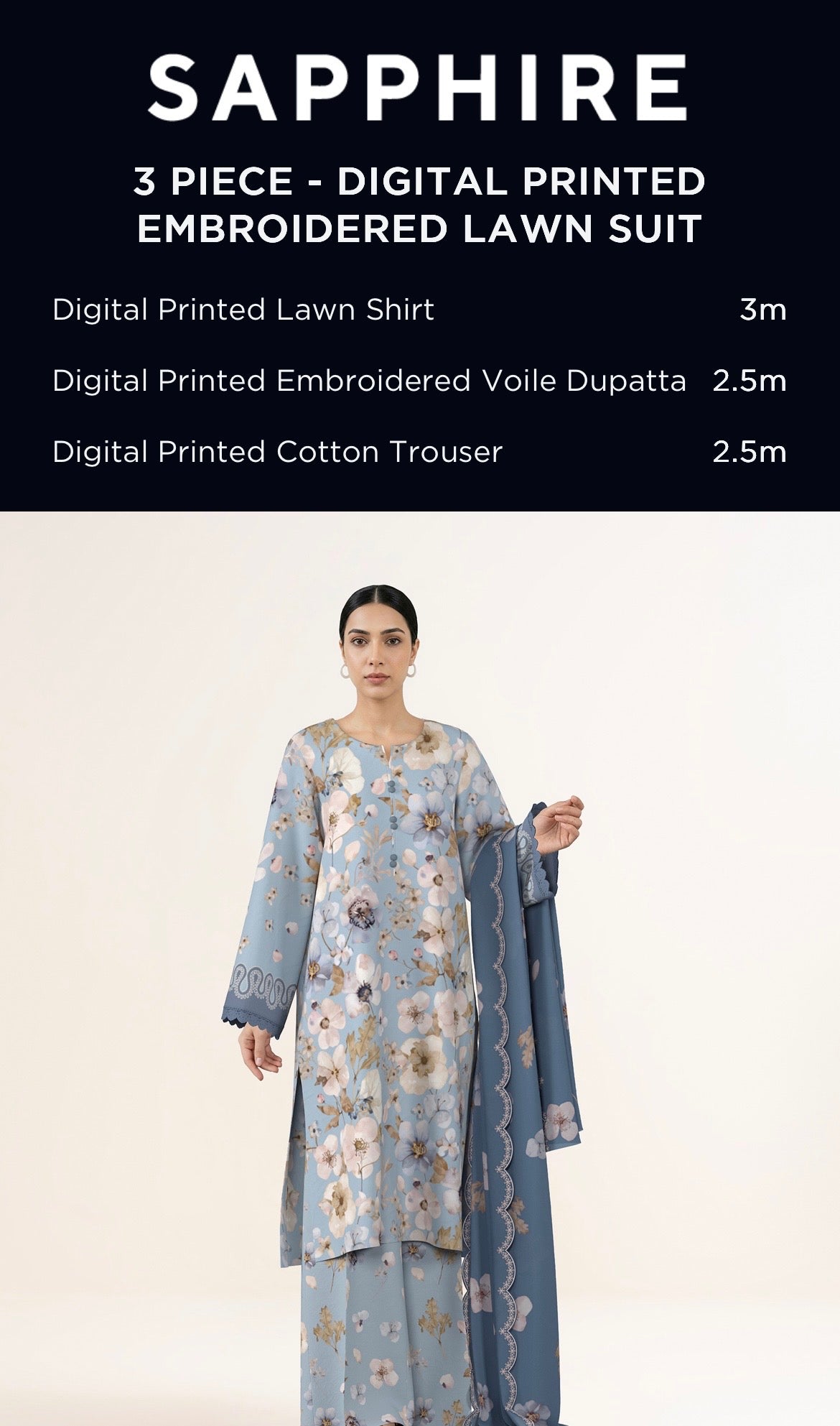 Sapphire Embroidered Lawn Unstitched 3 Piece